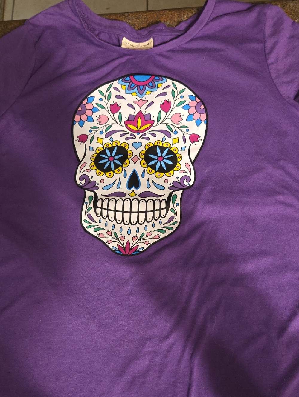 Bobbie Brooks Purple Short Sleeve Tee with Colorful Sugar Skull Graphic